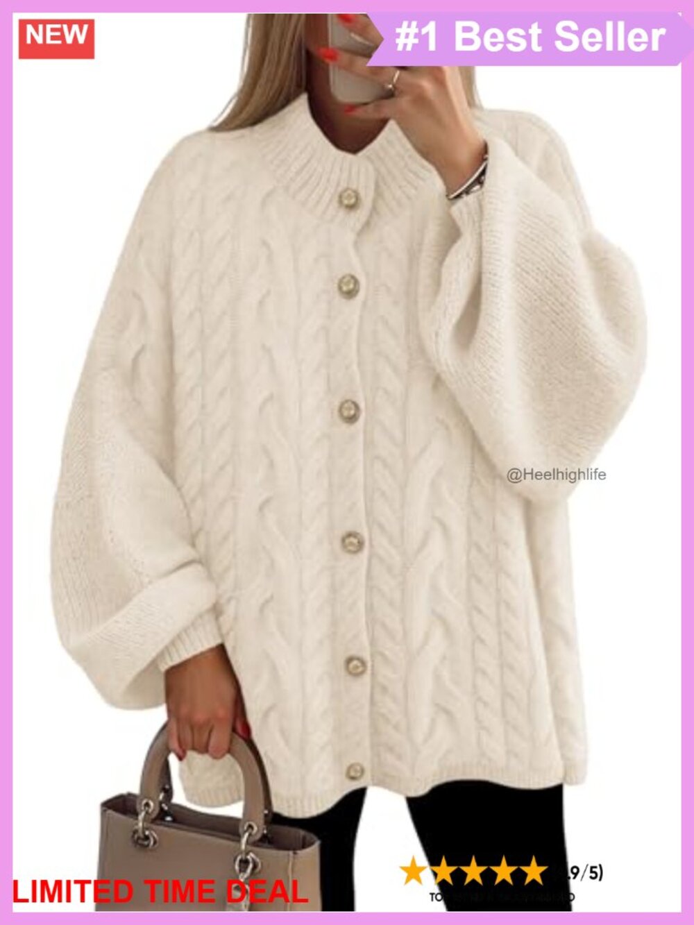 Oversized Chunky Knit Cardigan Lantern Sleeve Mock Neck Sweater